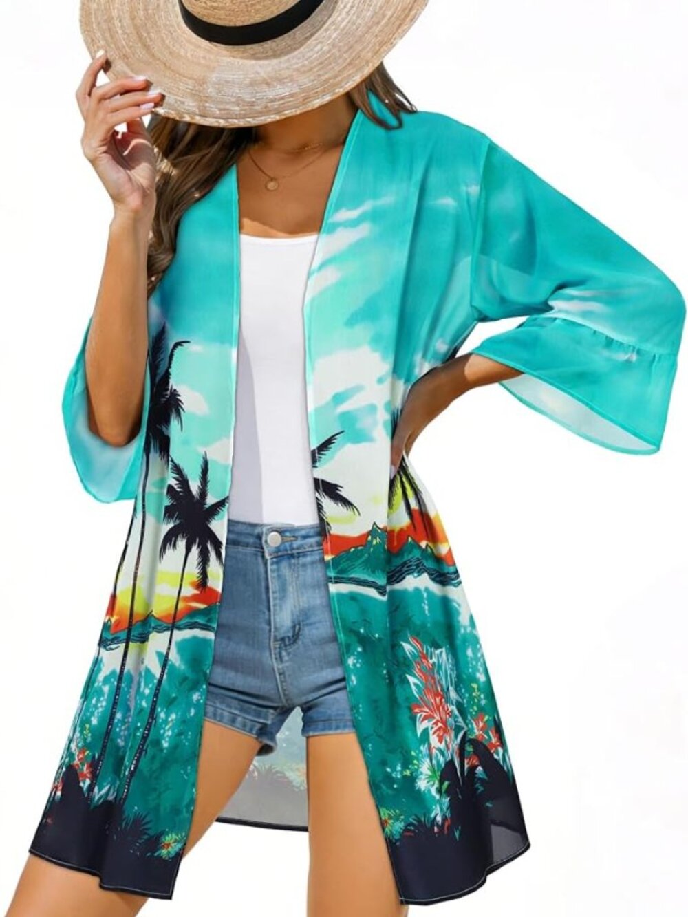 Women's Floral Print Sheer Chiffon 3/4 Ruffled Sleeve Kimono Size 2XL NEW